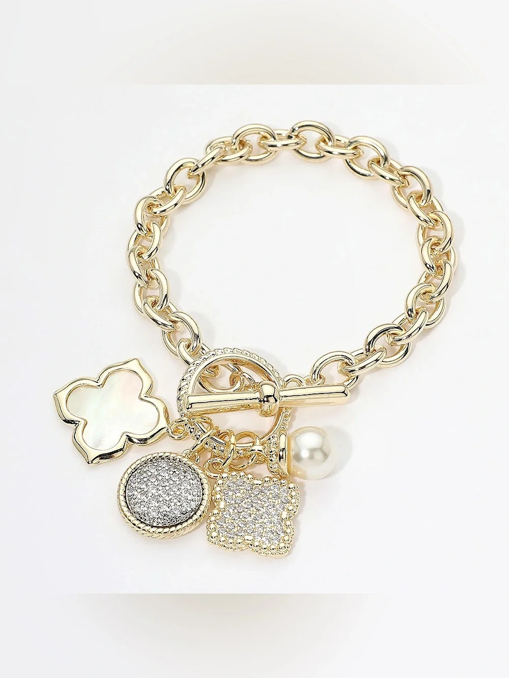 14K Gold Plated CZ Pave Quatrefoil Pearl Floral Charm Toggle Bracelet